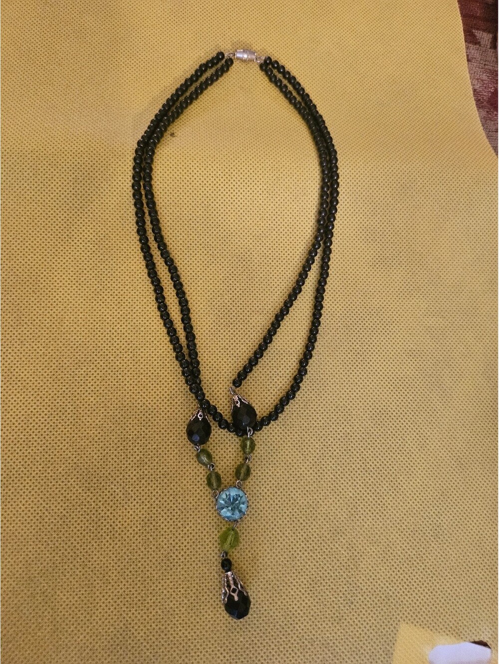 Double layer Necklace with black beads dandle stone VTG- unknown origin as shown